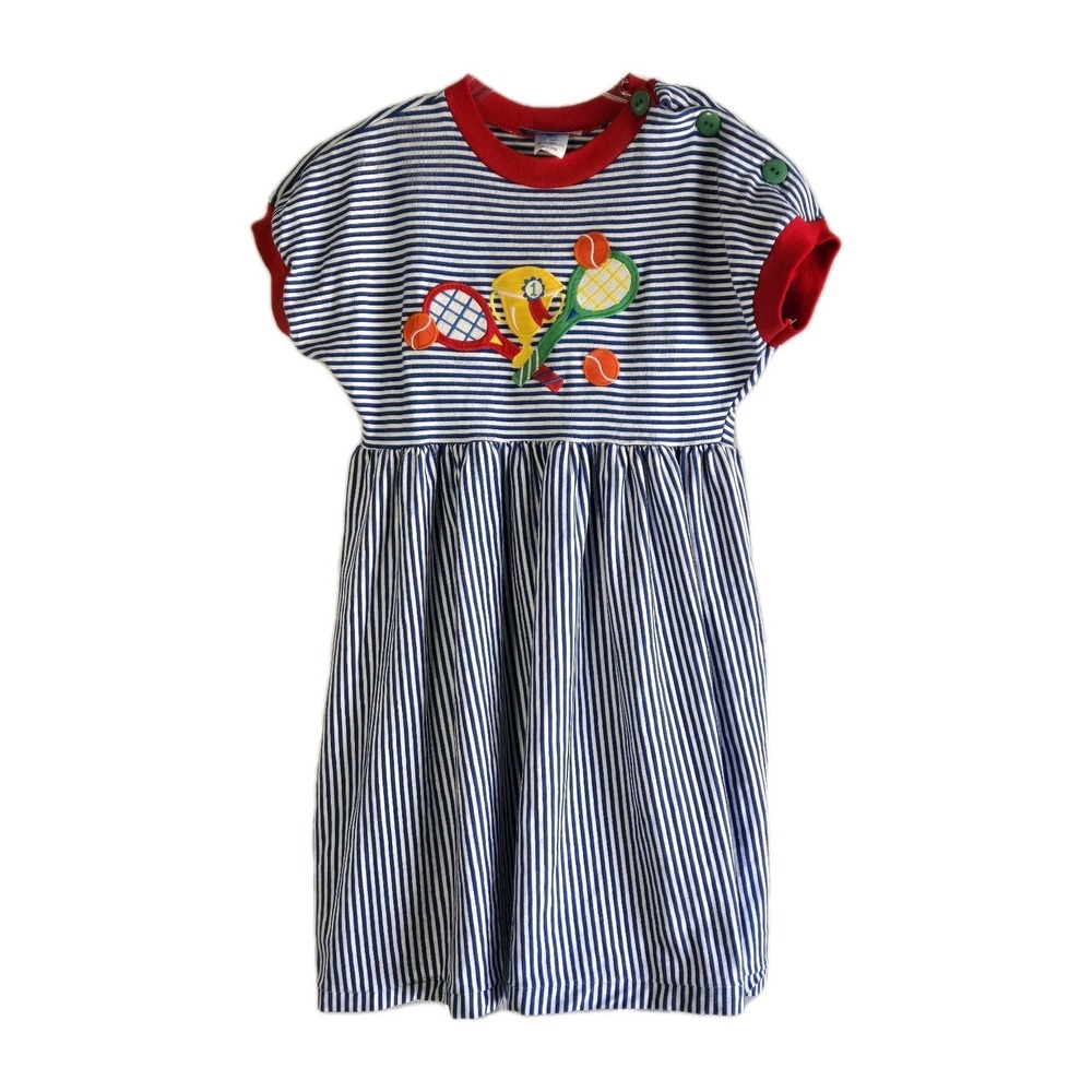 Vtg Patsy Aiken Blue Striped Dress Tennis Applique Girls‎ Size 8 M Cotton USA